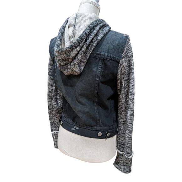 Free People Women's Black & Grey Distressed Denim Jacket Knit Sleeves Size S - Picture 6 of 11